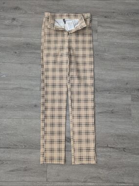 Women's Beige Plaid Straight Leg Work/Dress Pants